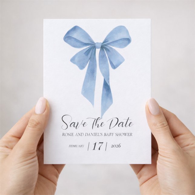 Reserve A Data Chuva de Bebê Menino Arco Azul Suave (Soft Blue Bow Boy Baby Shower Save The Date)