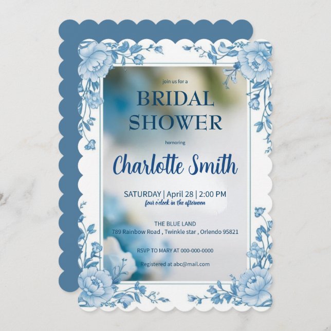 Reserve A Data Chuveiro de noiva elegante flor azul chinoiserie (Frente/Verso)