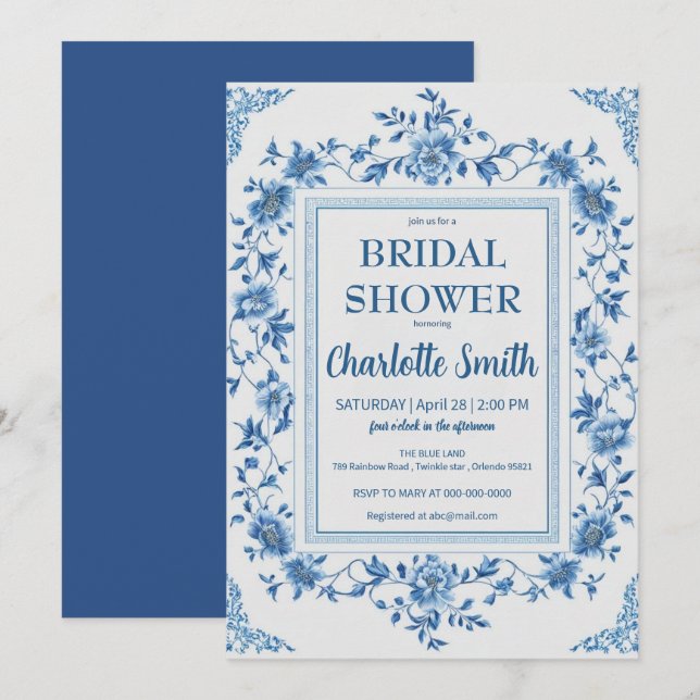 Reserve A Data Chuveiro de noiva floral simples azul chinoiserie (Frente/Verso)