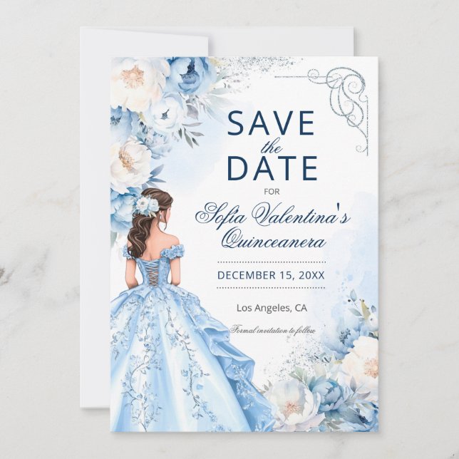 Reserve A Data Cinderela Azul Bebê Quinceañera Salve a Data (Frente)
