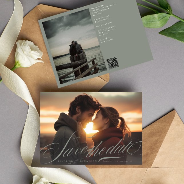 Reserve A Data Cinza Clássica Caligrafia Verde Código QR Dois Fot (Criador carregado)