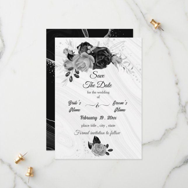Reserve A Data cinza prata elegante e floral preto (Frente/Verso In Situ)
