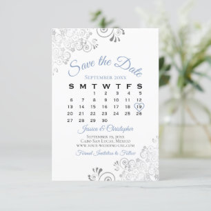 Reserve A Data Cinzas Azul e Calendário de Casamento Elegante Si