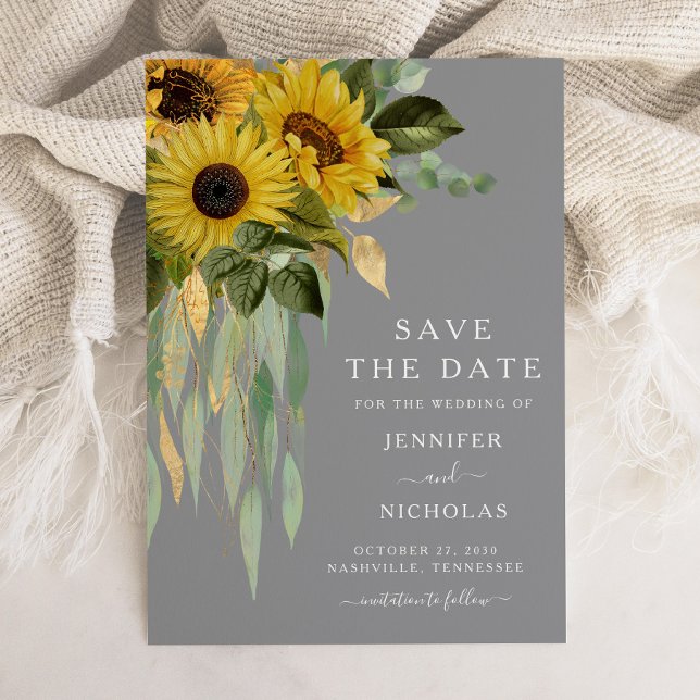 Reserve A Data Cinzas Russas Girassóis Floral Salvar (Elegant Gray Sunflower Wedding Save The Date)