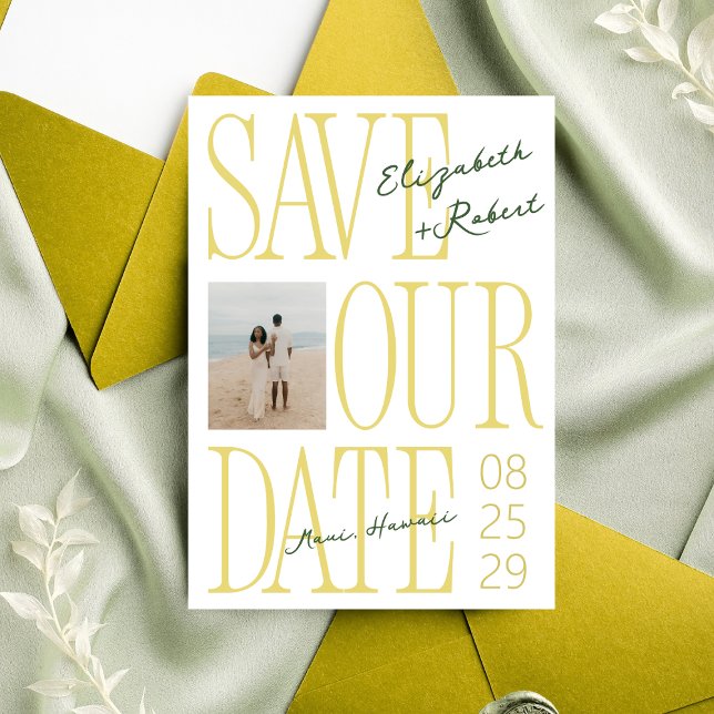 Reserve A Data Citrus Yellow & Green Typography Stylish Wedding (Criador carregado)