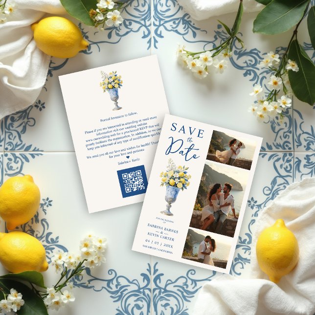 Reserve A Data Classic Chalice Vase Mediterranean Lemons Flowers (Classic Chalice Vase with Mediterranean Lemons and Flowers 3-Photo Wedding Save the Date Cards.)