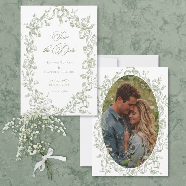 Reserve A Data Classic Elegant Sage Floral Ribbon Photo Wedding (Classic Elegant Sage Floral Ribbon Photo Wedding Save The Date)