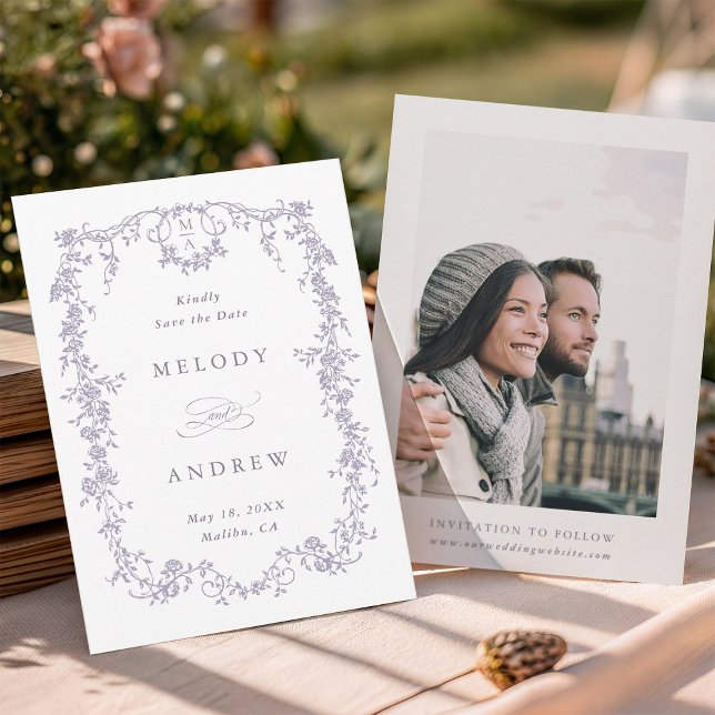 Reserve A Data Classic French Victorian Blue Floral Wedding Photo (Front & Back)