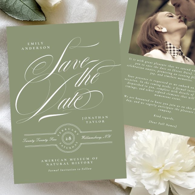 Reserve A Data Clássico Black Tie Sage Green Calliografia (Criador carregado)