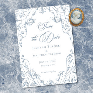 Reserve A Data Clássico Casamento Floral em Azul Poeirado Elegant