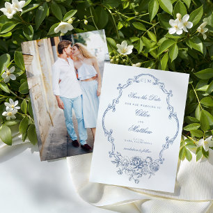 Reserve A Data Clássico Casamento Floral em Azul Poeirento Elegan