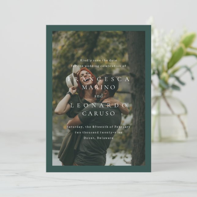 Reserve A Data Clássico Casamento Simples Fotográfico Verde Esmer (Em pé/Frente)