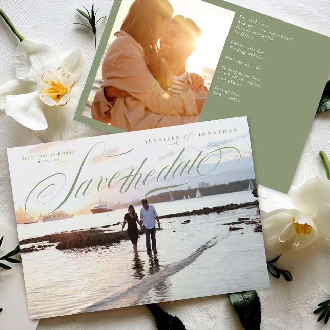 Reserve A Data Clássico de Caligrafia Verde Código QR Dois Foto (Criador carregado)