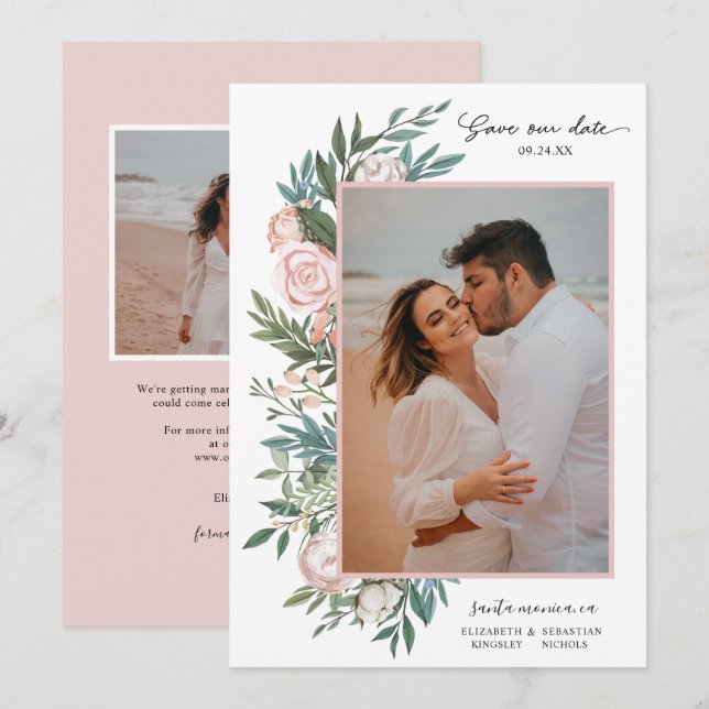 Reserve A Data Clássico Elegante Pintado Floral 2 Foto | Branca (Frente/Verso)