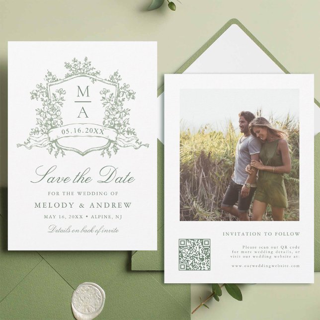 Reserve A Data Clássico Floral Crest Green - Foto de casamento ve (Front & Back)