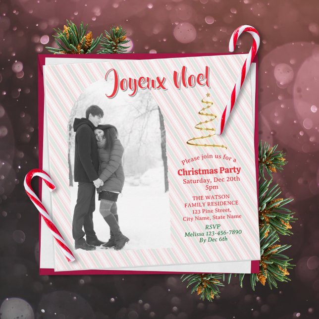 Reserve A Data Clássico Joyeux Noel Listras Verdes Vermelhas Nata (Get this classic Christmas invitation card, customizable with your photo and party details!)