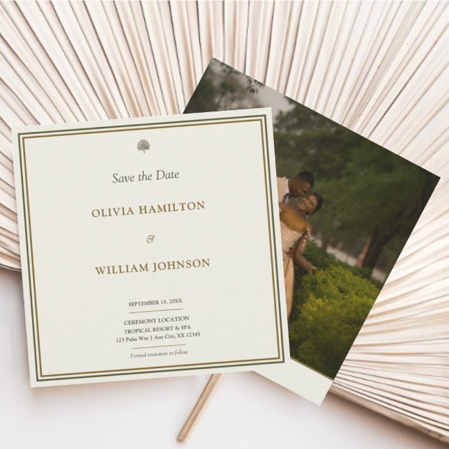 Reserve A Data Clássico Quadrado Marfim e Dourado Foto Save The D (Elegant ivory & gold Save the Date with photo back—timeless, personal, and refined.)