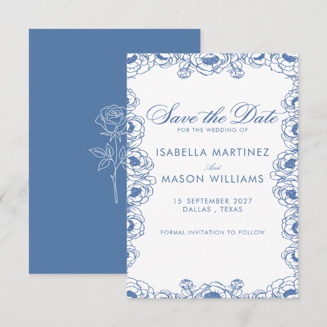 Reserve A Data Clássico salvar data de flores francesas azul real (Frente/Verso)