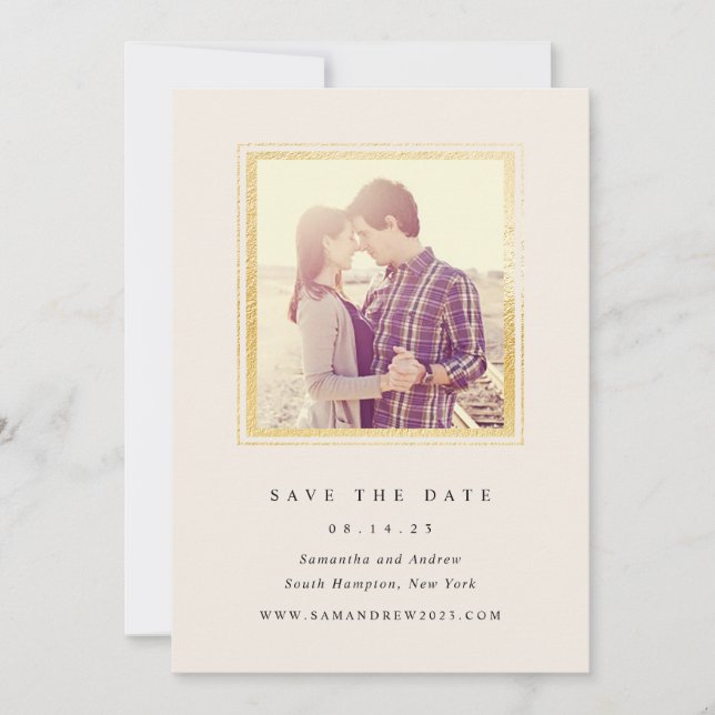 Reserve A Data Classico Save The Date de Foto em Dourado e Marfim (Frente)