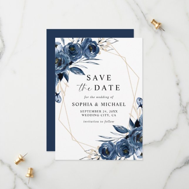 Reserve A Data Clássico Simples Casamento Floral Aquarela Azul Ma (Frente/Verso In Situ)