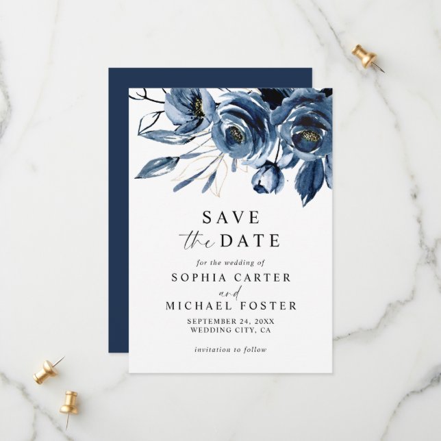 Reserve A Data Clássico Simples Casamento Floral em Aquarela Azul (Frente/Verso In Situ)