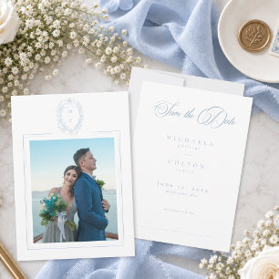 Reserve A Data Clássico Vintage Azul Floral Coroa Casamento Foto