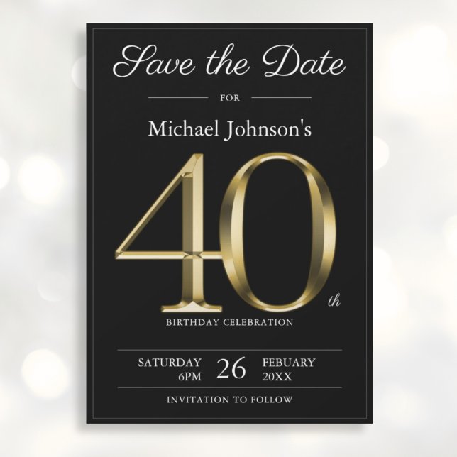Reserve A Data Classy Black Dourado aniversário de 40 anos Party (Mockup View)