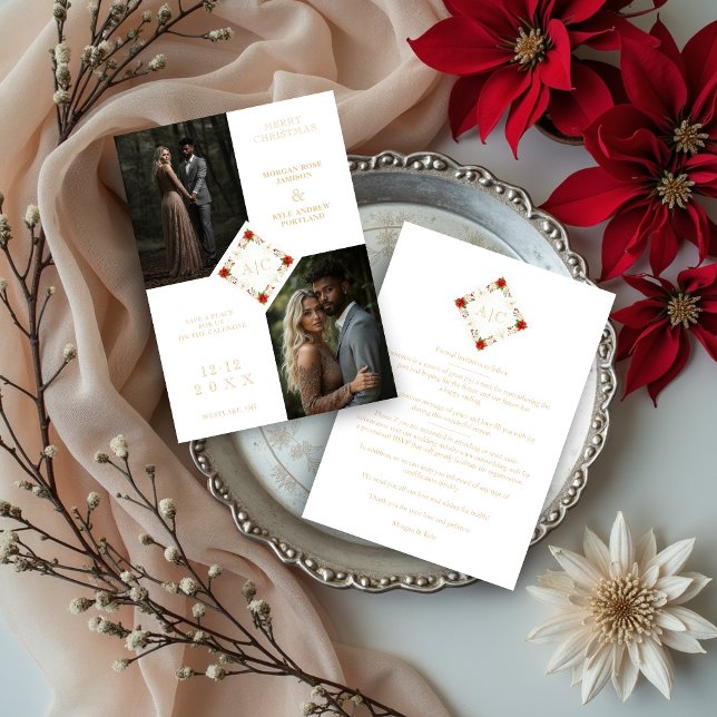 Reserve A Data Classy Christmas Wedding Floral Wreath 2-Photo (Classy Charming Christmas Wedding Floral Wreath 2 Photos Save the Dates Cards with Initials.)