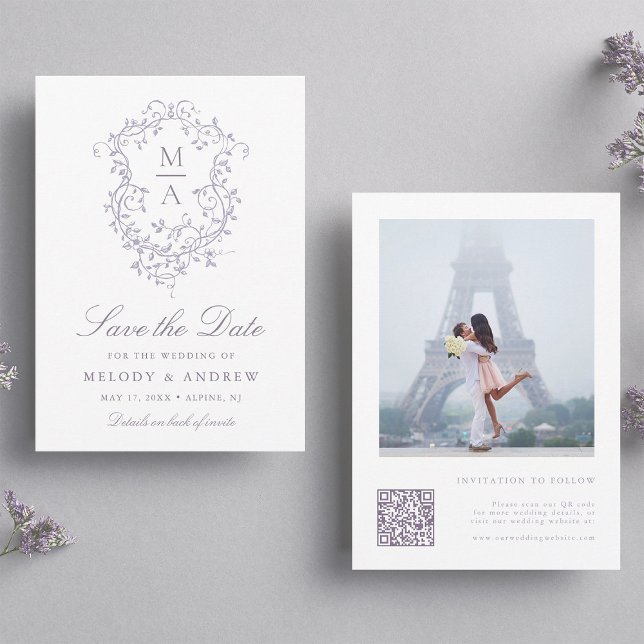 Reserve A Data Classy French Lavender Floral Crest Wedding Photo (Criador carregado)