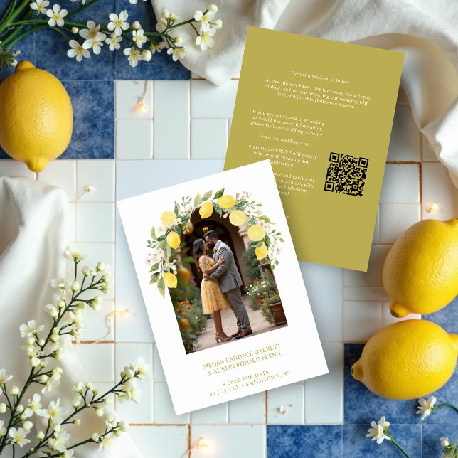 Reserve A Data Climbing Lemon and Flowers Arch Photo Wedding (Climbing Mediterranean Lemon and Floral Arch Wedding Save the Date Cards with Photo and QR Code. )