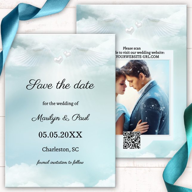 Reserve A Data Cloud Nine Angel Wings Foto para salvar a data (Wedding Save the Date card featuring a dreamy design with angel wings and hearts on cloud nine)