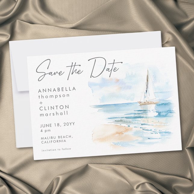 Reserve A Data Coastal Beach Modern Watercolor Wedding (Coastal Beach Modern Watercolor Wedding Save The Date)