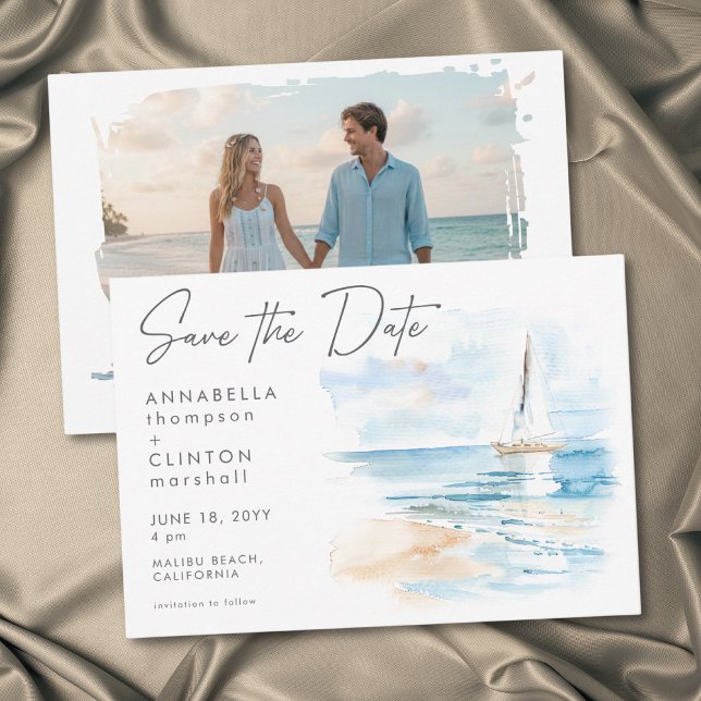 Reserve A Data Coastal Beach Modern Watercolor Wedding Photo (Coastal Beach Modern Watercolor Wedding Photo Save The Date)