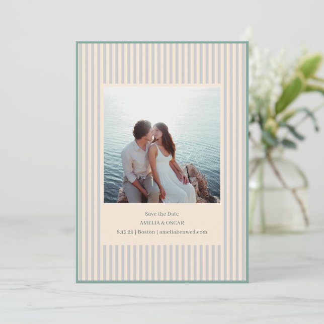 Reserve A Data Coastal Sage Stripes Photo Stylish Trendy Wedding (Em pé/Frente)