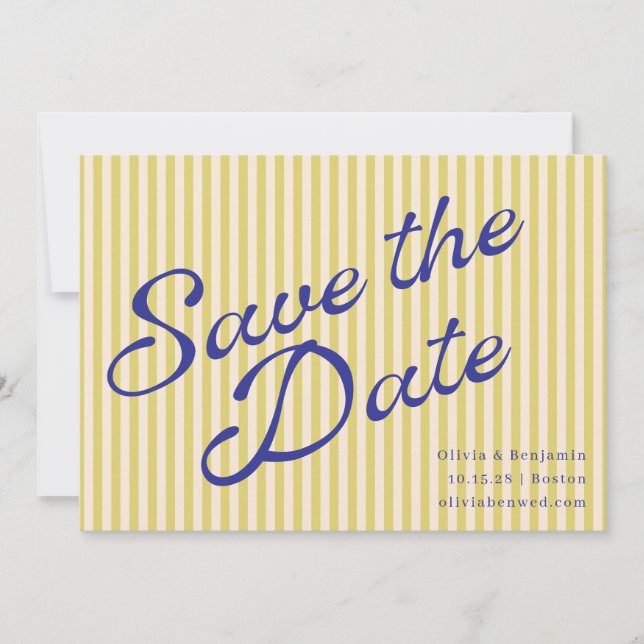 Reserve A Data Coastal Yellow Blue Retro Stripe Wedding Script (Frente)