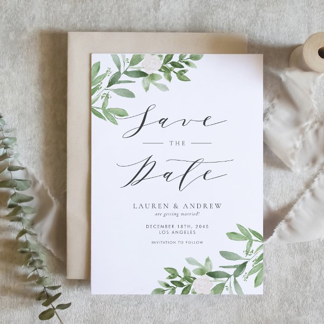 Reserve A Data Cód. Cr. Cr. verde e flores brancas (Watercolor Greenery and White Flowers QR Code Save The Date Announcement)