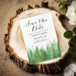 Reserve A Data Código de QR verde Evergreen da Floresta de Aquare<br><div class="desc">Rustic Watercolor Forest Evergreen Salve a Data de Anúncio Árctico Árvores Florestais com Cor da Água,  salve a data com "Salvar a Data" em bonito caligrafia de script e código QR.</div>