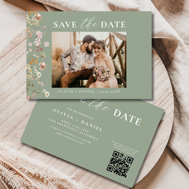 Reserve A Data Código de Sage Green QR Casamento de flor selvagem (Criador carregado)