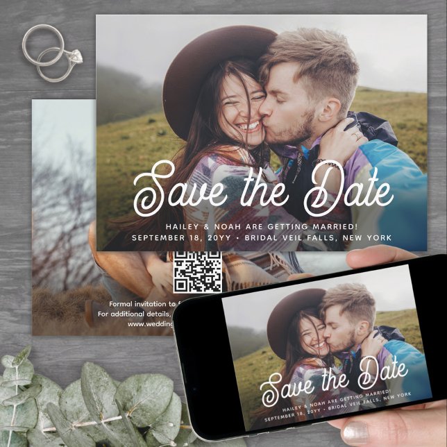 Reserve A Data Código QR Casamento Duas Fotos Script Retro Elegan (Criador carregado)