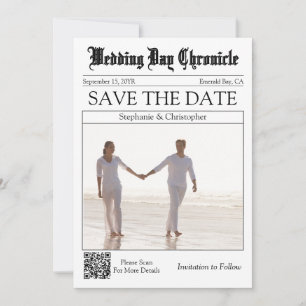 Reserve A Data Código QR Chic Vintage Branco Jornal Salve a Data