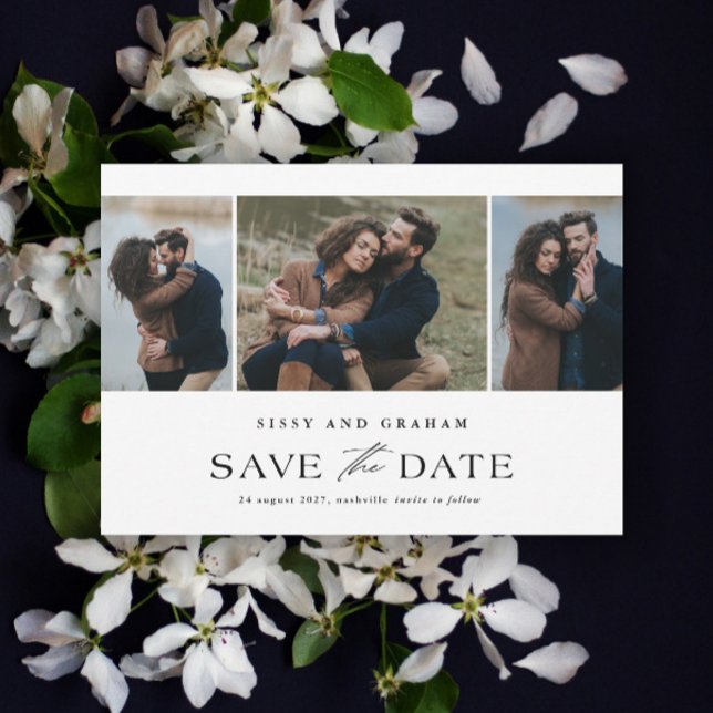 Reserve A Data Código QR de Cásamento com 3 Fotos Elegante  (Elegant QR Code 3 Photo Wedding Save the Date Card.)