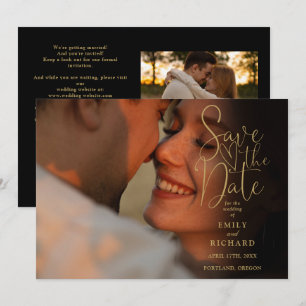 Reserve A Data Código QR de casamento de 2 fotos preto e dourado