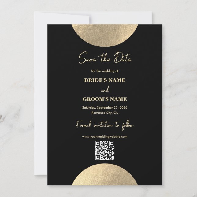 Reserve A Data Código QR de Casamento de Abstrato Preto e Dourado (Frente)