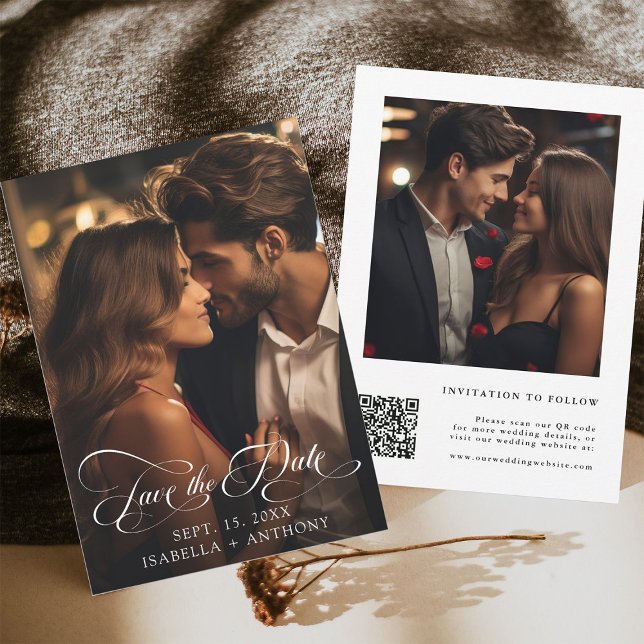 Reserve A Data Código QR de Casamento de Caligrafia Elegante (Front & Back)