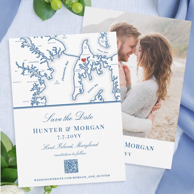 Reserve A Data Código QR de Casamento de Casamento de Destino da  (These elegant Kent Island Maryland destination wedding Save the Dates feature a QR code and photo)