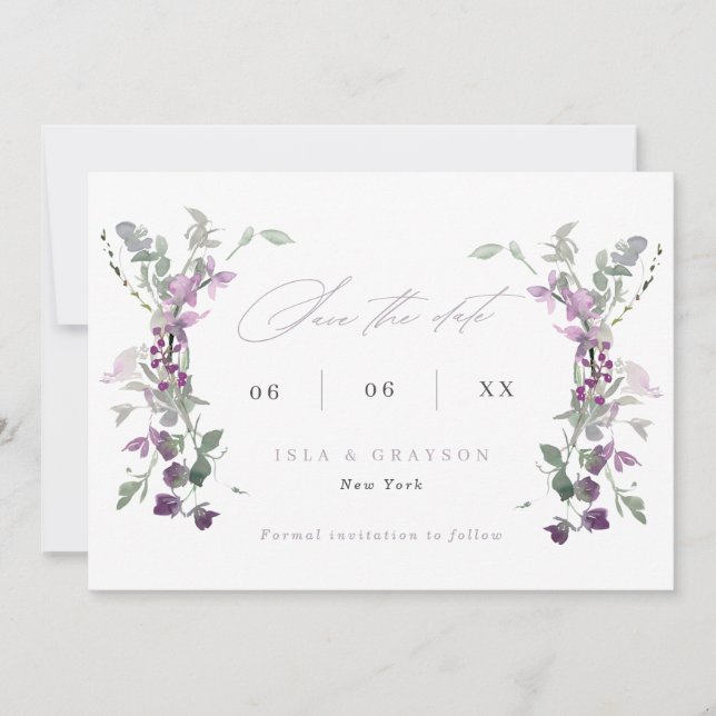 Reserve A Data Código QR de Casamento de Flores Selvagens Lilac (Frente)