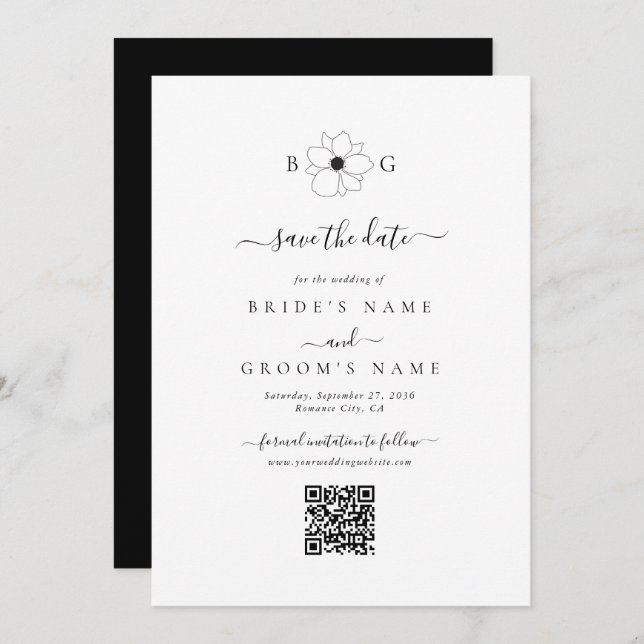 Reserve A Data Código QR de Casamento de Monograma Desenhado à Mã (Frente/Verso)