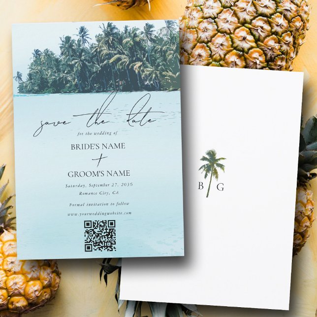 Reserve A Data Código QR de Casamento de Palmas e Praia de Aquare (Tropical Watercolor Palms & Beach Wedding QR Code Save The Date)