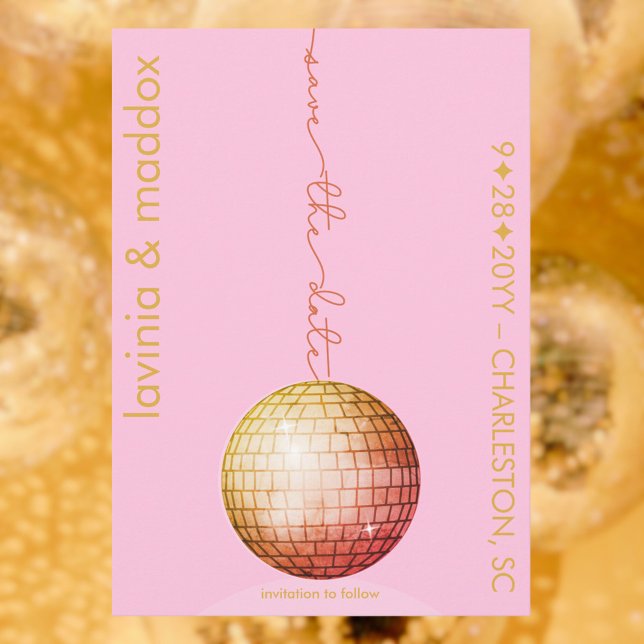 Reserve A Data Código QR de Casamento Dourado Rosa de Bola Disco  (Elegant Disco Ball Pink Gold Wedding Save the Date with beautiful typography)