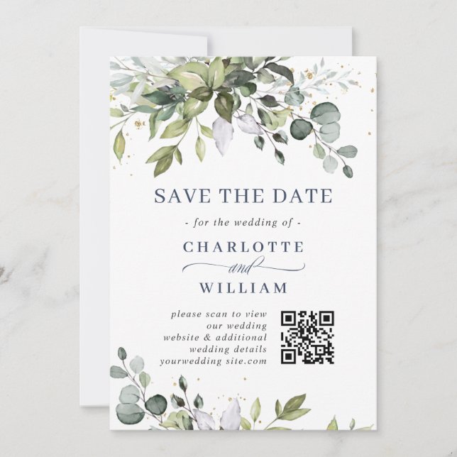 Reserve A Data Código QR de Casamento Eucalyptus com Aquarela Ele (Frente)